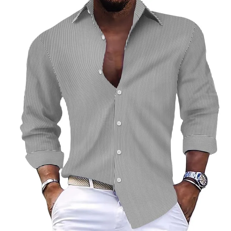 Men's Casual Striped Lapel Long Sleeve Shirt 35556968Y sold by Manly