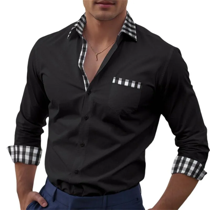 Men's Casual Check Print Lapel Stitching Long Sleeve Shirt 08823326Y sold by Manly