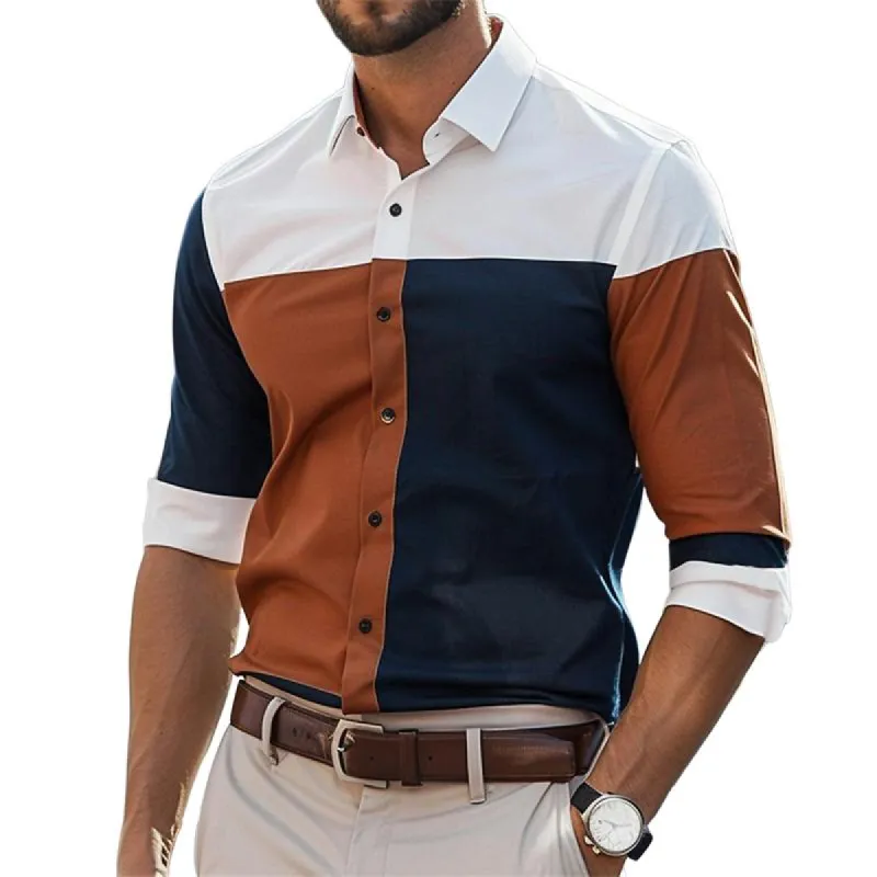 Men's Casual Colorblock Print Lapel Long Sleeve Shirt 81573549Y sold by Manly