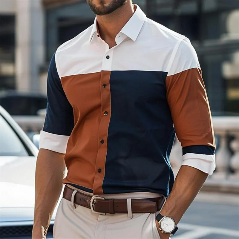 Men's Casual Colorblock Print Lapel Long Sleeve Shirt 81573549Y sold by Manly product image thumbnail 5