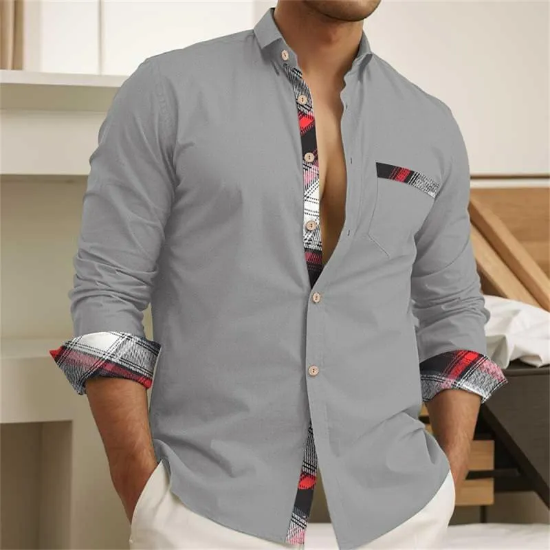 Men's Casual Check Print Lapel Stitching Long Sleeve Shirt 17434047Y sold by Manly product image thumbnail 3