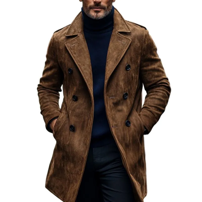 Men's Fashion Suede Notch Lapel Double Breasted Mid-length Coat 45641650Z sold by Manly