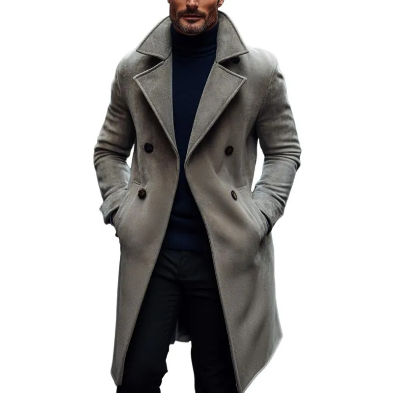 Men's Fashion Solid Lapel Double Breasted Long Coat 35450412Z sold by Manly
