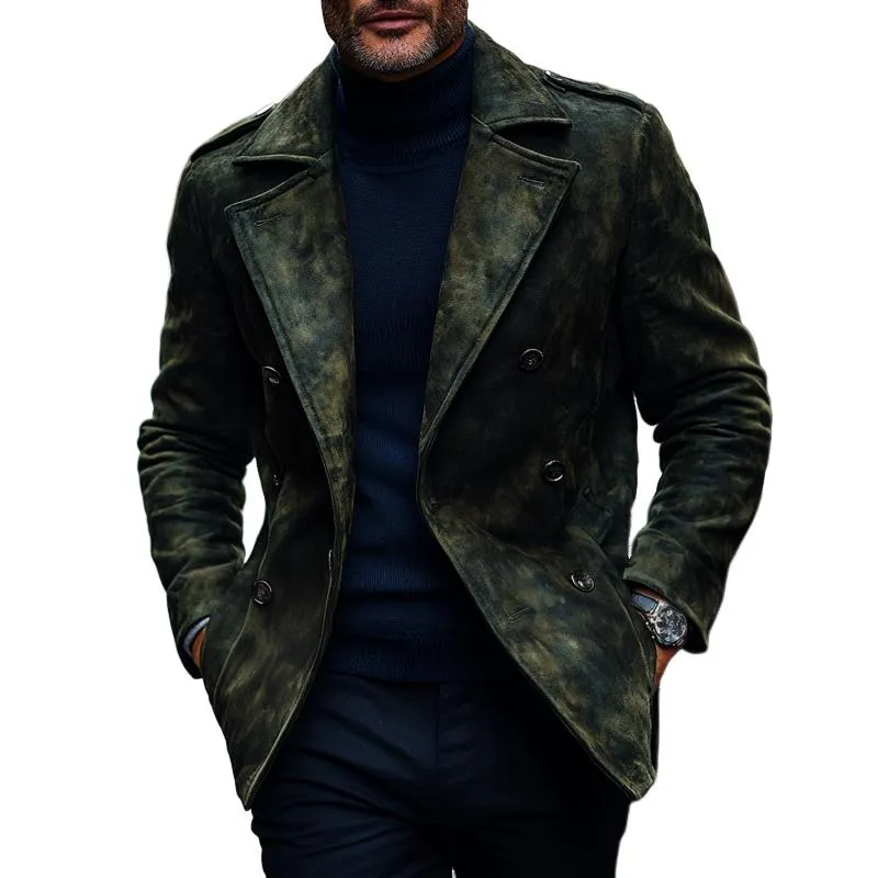 Men's Fashion Retro Print Suede Lapel Double Breasted Casual Coat 35023017Z sold by Manly