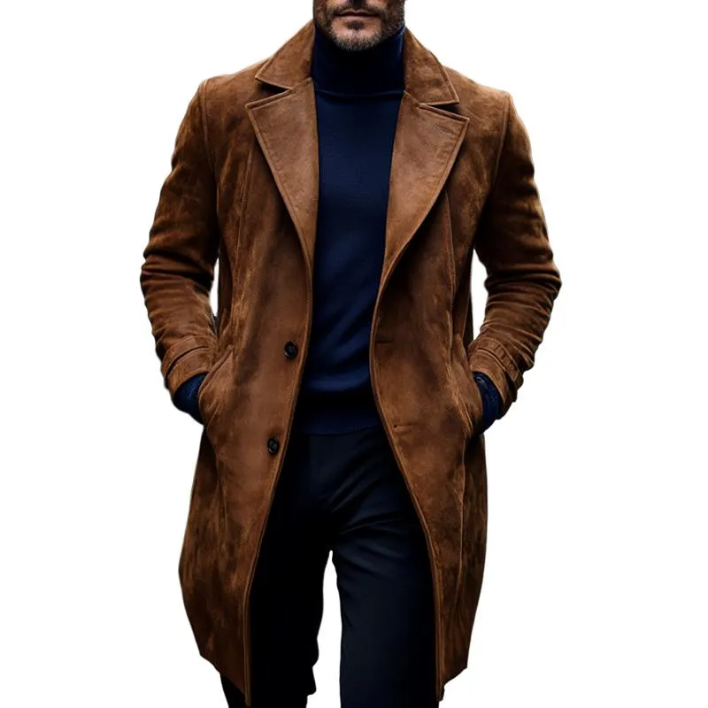 Men's Fashion Suede Notch Lapel Two Buttons Long Coat 94412487Z sold by Manly