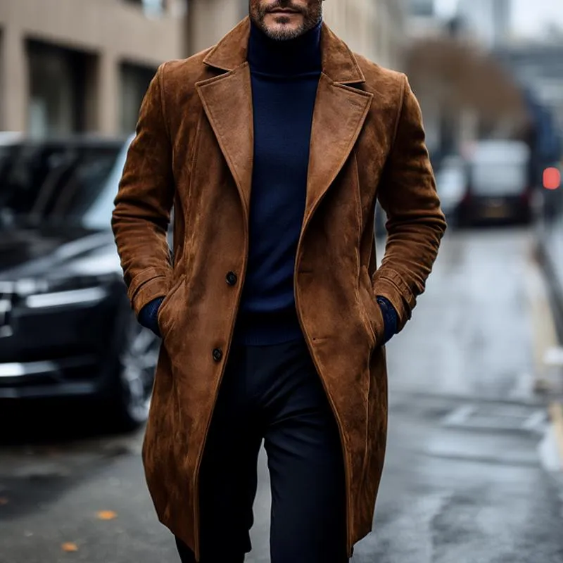 Men's Fashion Suede Notch Lapel Two Buttons Long Coat 94412487Z sold by Manly product image thumbnail 3