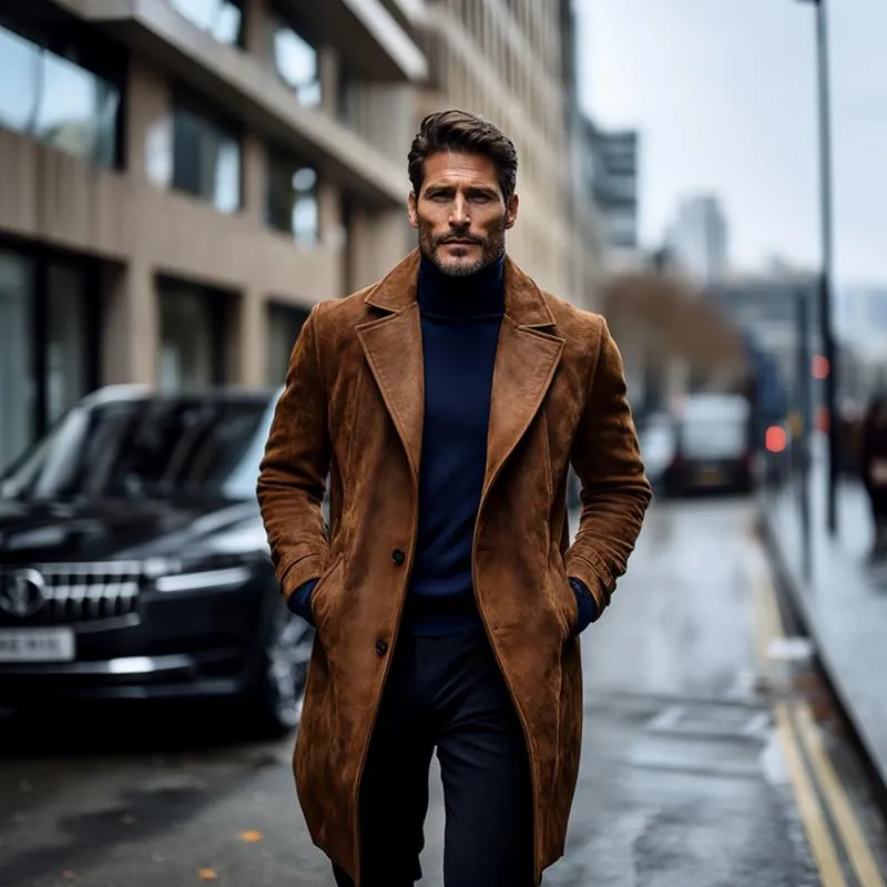 Men's Fashion Suede Notch Lapel Two Buttons Long Coat 94412487Z sold by Manly product image thumbnail 2