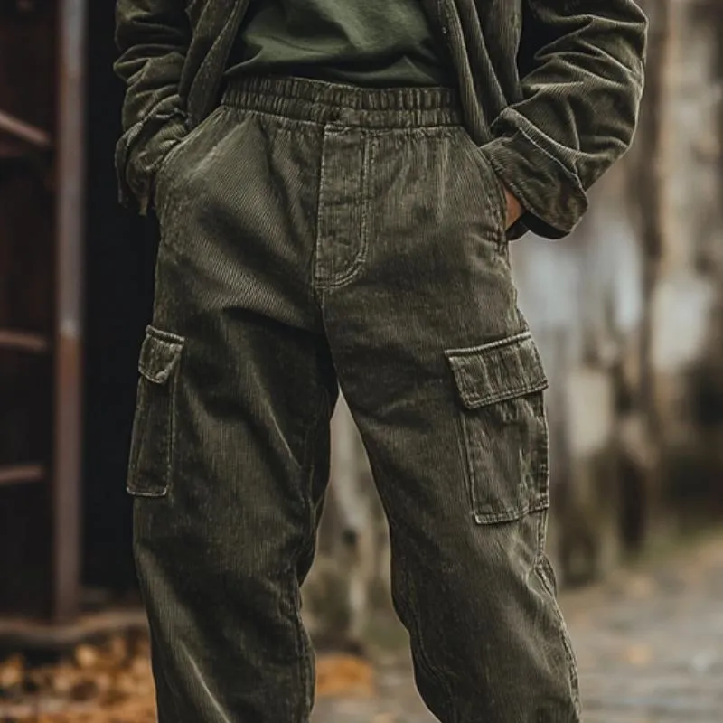 Men's Retro Classic Casual Elastic Waist Multi-Pocket Cuff Corduroy Pants 93774899K sold by Manly product image thumbnail 3