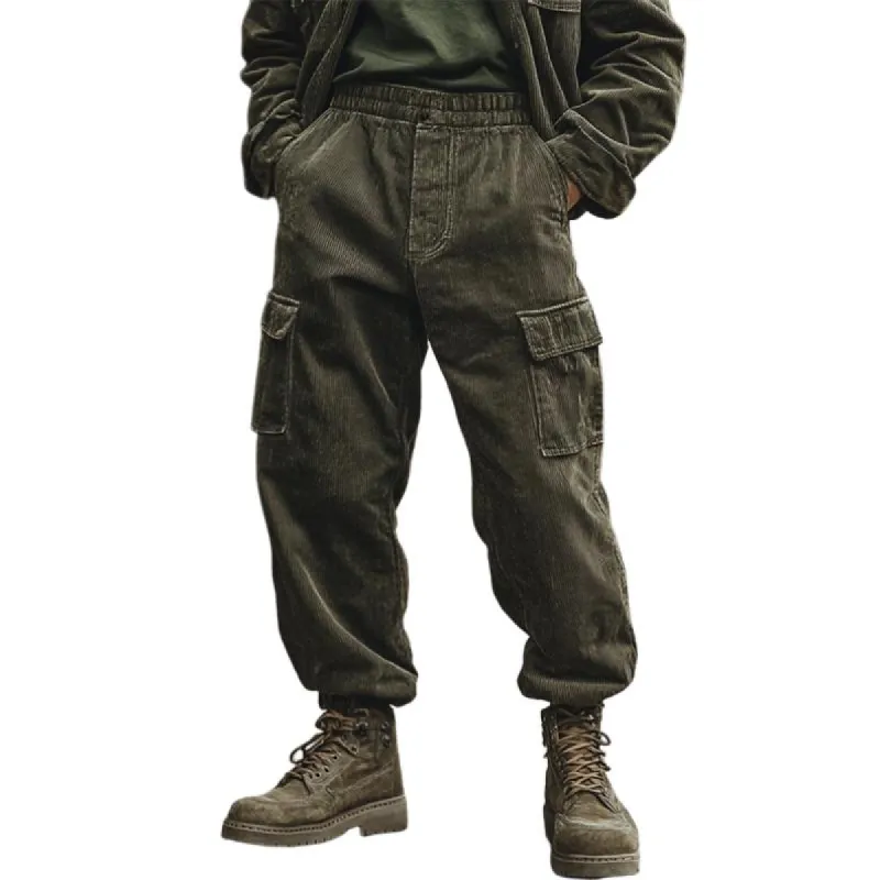 Men's Retro Classic Casual Elastic Waist Multi-Pocket Cuff Corduroy Pants 93774899K sold by Manly