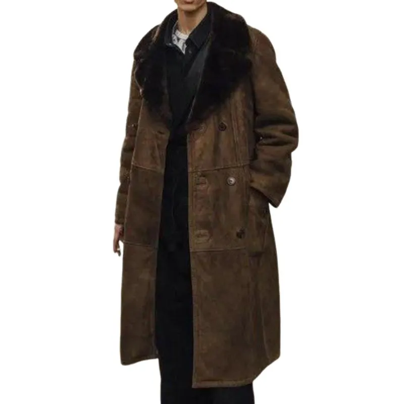 Men's Classic Retro Casual Quilted Fur Collar Suede Long Coat 78614424K sold by Manly
