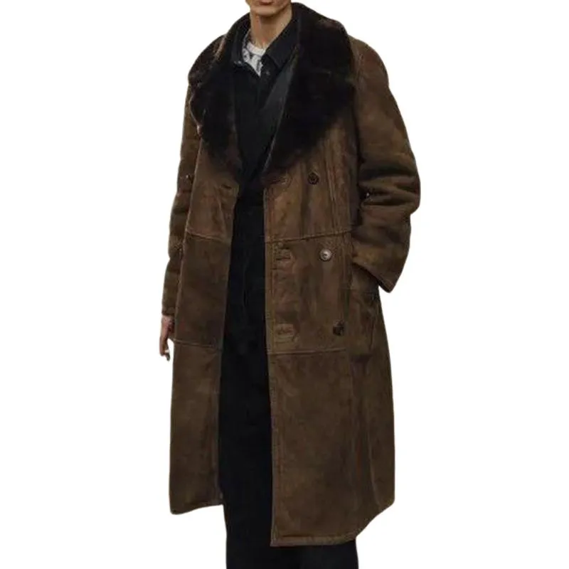 Men's Classic Retro Casual Quilted Fur Collar Suede Long Coat 78614424K sold by Manly