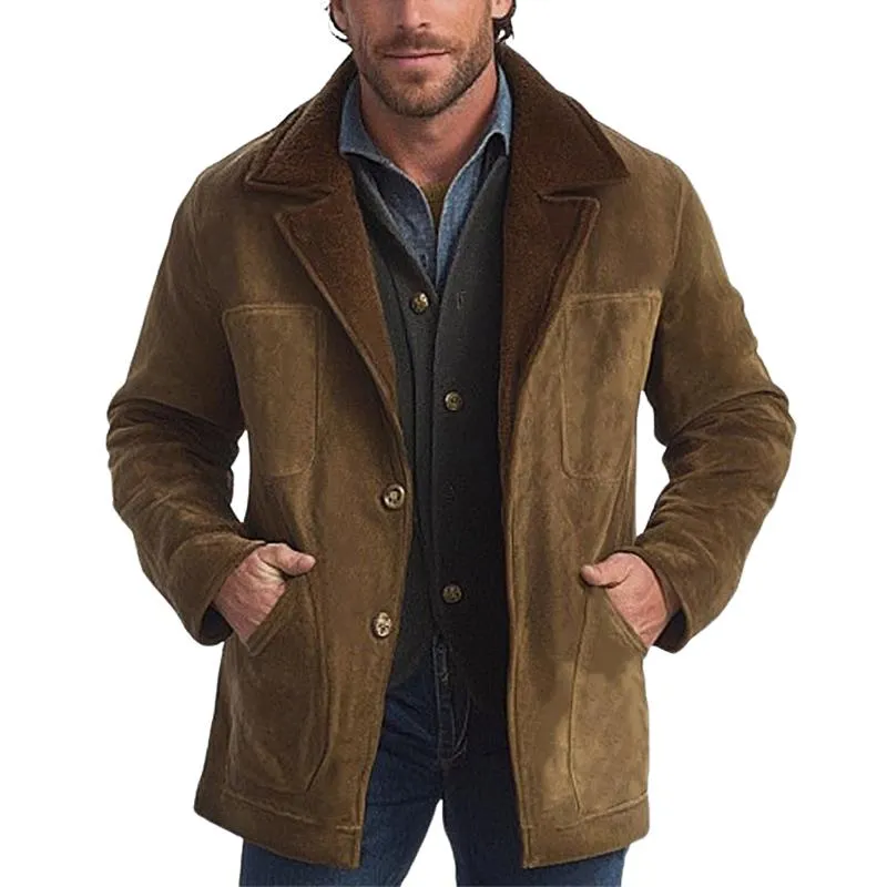 Men's Brown Suede Lapel Fur Lined Mid-Length Coat 78846869U sold by Manly