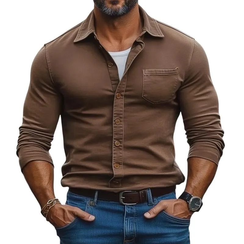 Men's Casual Cotton Blend Lapel Patch Pocket Slim Fit Long Sleeve Shirt 57410678M sold by Manly