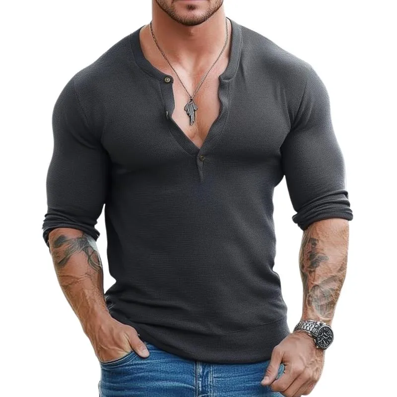 Men's Casual Solid Color Henley Collar Slim Fit Long Sleeve T-Shirt 33317439M sold by Manly