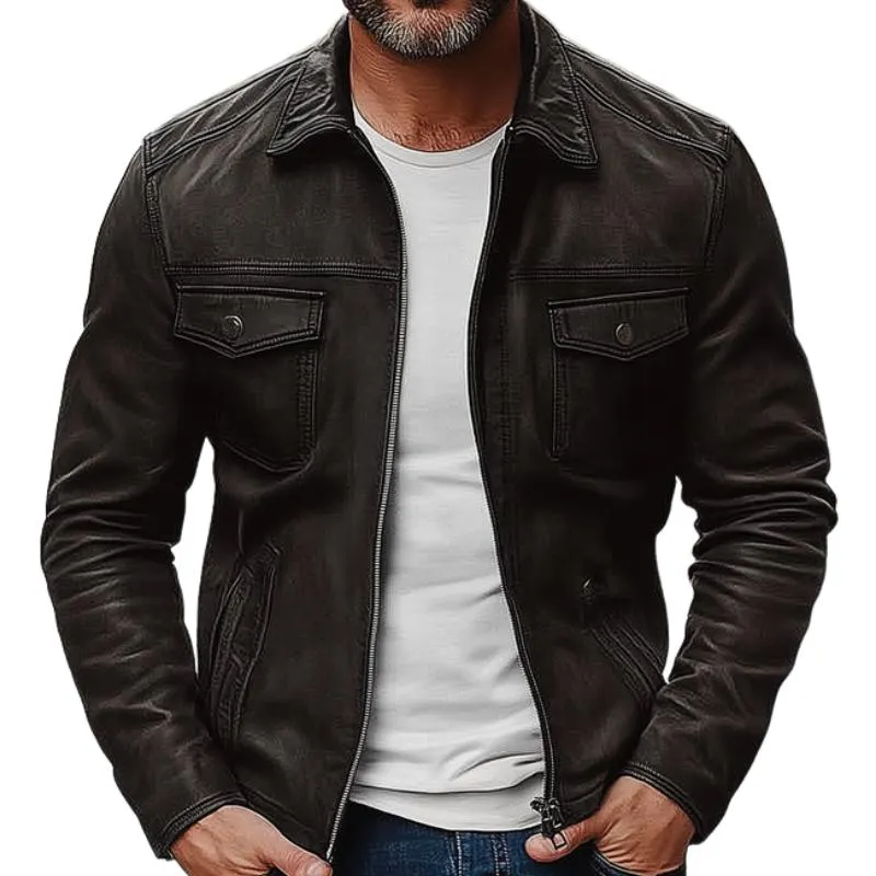 Men's Vintage Leather Lapel Zipper Multi-Pocket Slim Fit Jacket 17122579M sold by Manly product image thumbnail 2