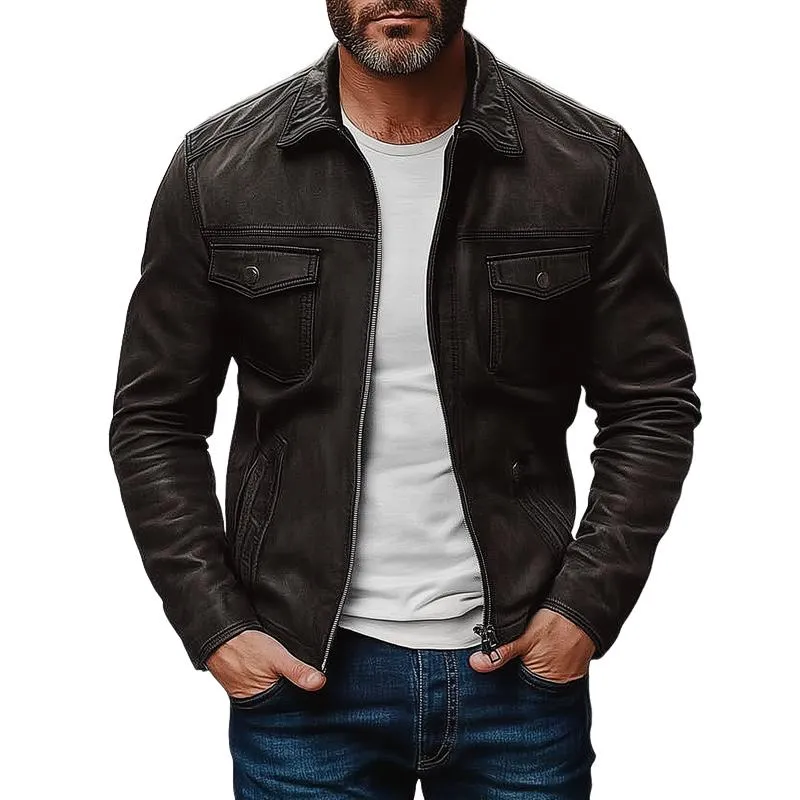 Men's Vintage Leather Lapel Zipper Multi-Pocket Slim Fit Jacket 17122579M sold by Manly