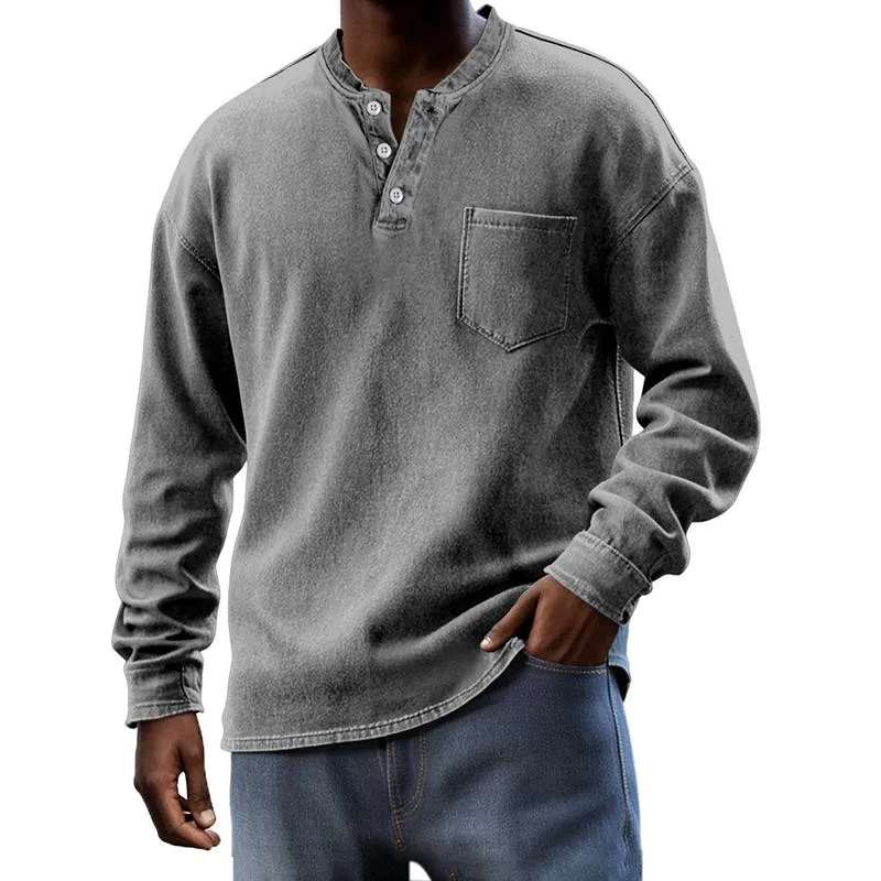 Men's Solid Henley Collar Chest Pocket Long Sleeve T-shirt 19957942Z sold by Manly product image thumbnail 3