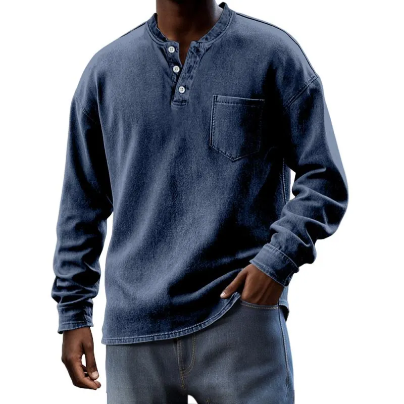 Men's Solid Henley Collar Chest Pocket Long Sleeve T-shirt 19957942Z sold by Manly