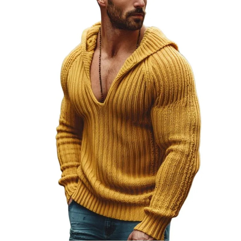 Men's Casual Solid Color V-Neck Tight Hooded Sweater 19696527Y sold by Manly