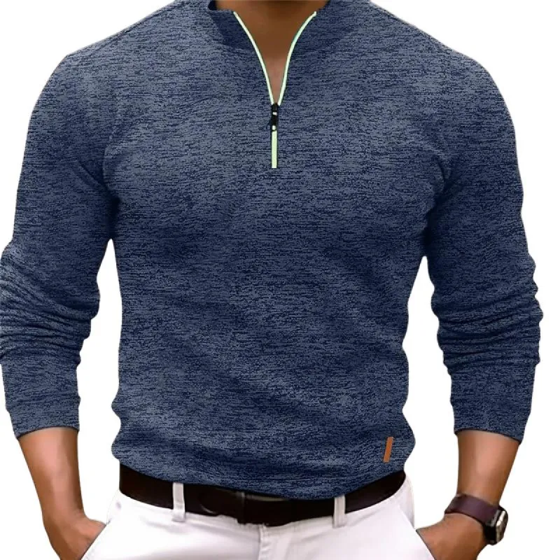 Men's Casual Mixed Color Zipper Stand Collar Long Sleeve Polo Shirt 86164561Y sold by Manly