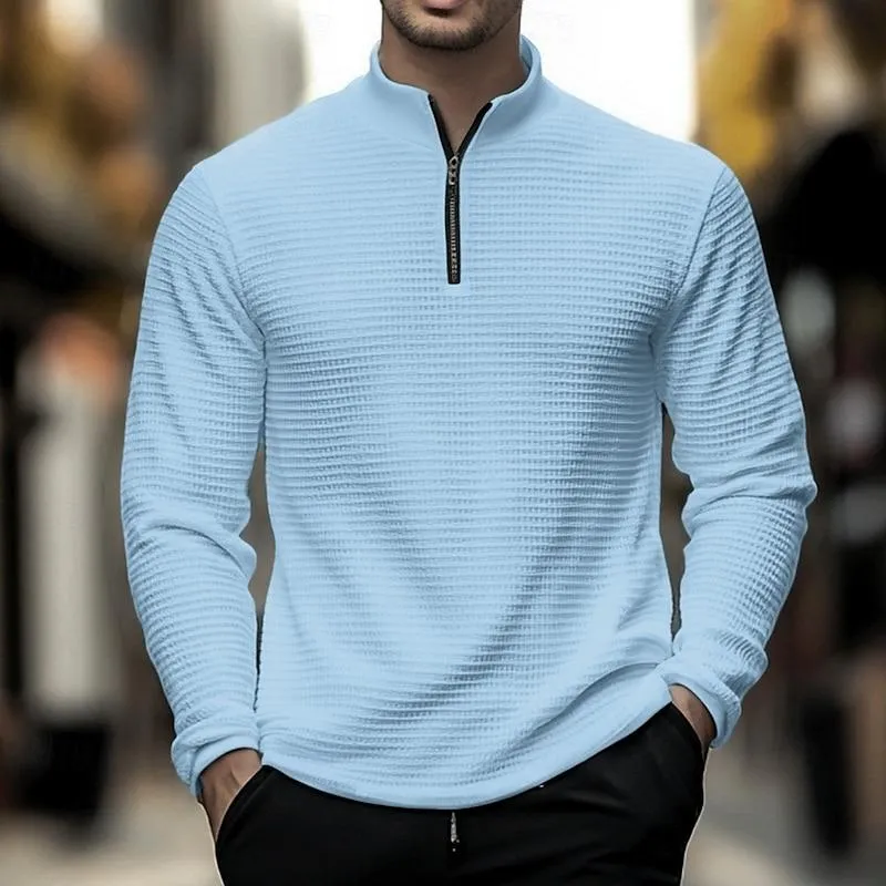 Men's Casual Solid Color Waffle Stand Collar Zipper Long Sleeve Polo Shirt 89122825Y sold by Manly product image thumbnail 5