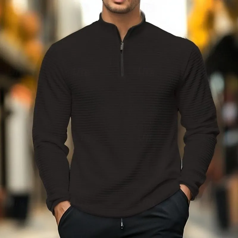 Men's Casual Solid Color Waffle Stand Collar Zipper Long Sleeve Polo Shirt 89122825Y sold by Manly product image thumbnail 3