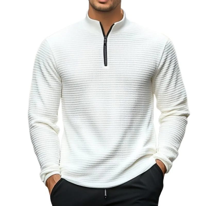Men's Casual Solid Color Waffle Stand Collar Zipper Long Sleeve Polo Shirt 89122825Y sold by Manly