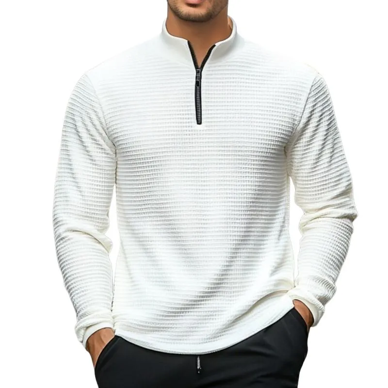 Men's Casual Solid Color Waffle Stand Collar Zipper Long Sleeve Polo Shirt 89122825Y sold by Manly