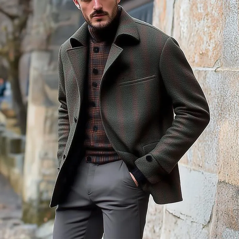 Men's Retro Dark Green Plaid Mid-Length Coat 44268613U sold by Manly product image thumbnail 2