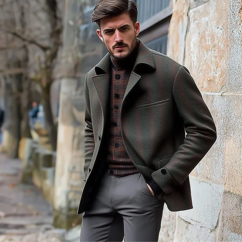 Men's Retro Dark Green Plaid Mid-Length Coat 44268613U sold by Manly product image thumbnail 3