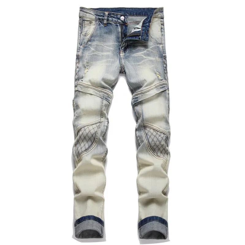 Men's Punk Patchwork Ripped Stretch Jeans 32517765U sold by Manly