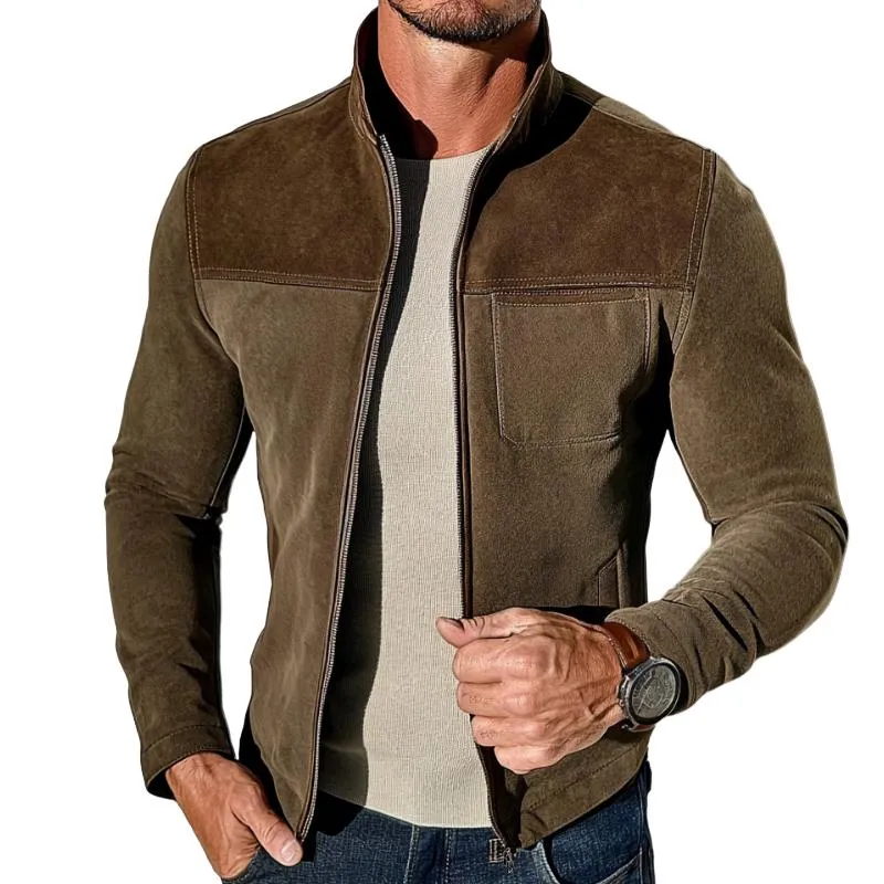 Men's Vintage Casual Paneled Suede Zipper Jacket 52711986TO sold by Manly