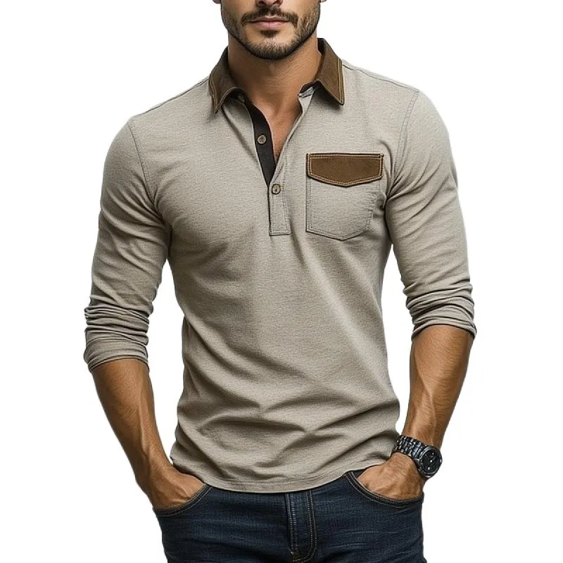 Men's Casual Suede Patchwork Lapel Slim Fit Long Sleeve Polo Shirt 50638288M sold by Manly