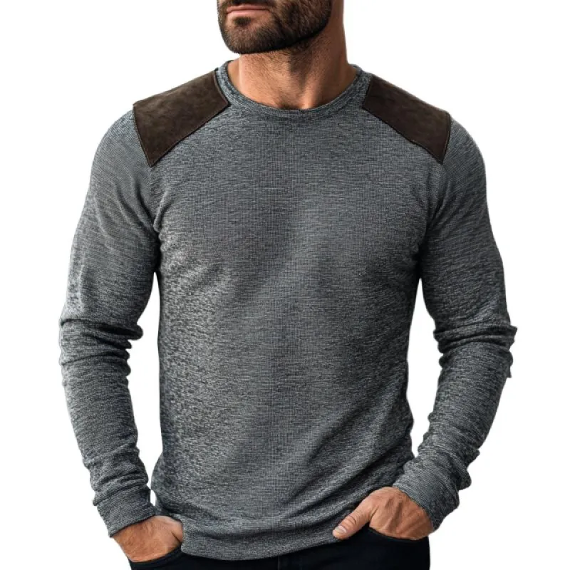 Men's Casual Round Neck Suede Patch Slim Fit Long Sleeve T-shirt 52624266M sold by Manly