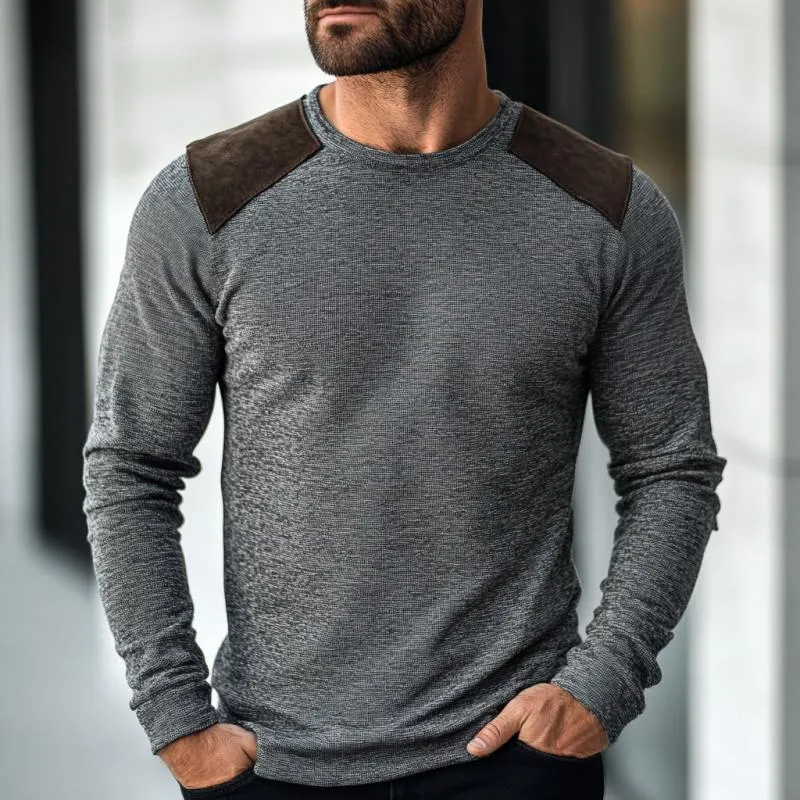 Men's Casual Round Neck Suede Patch Slim Fit Long Sleeve T-shirt 52624266M sold by Manly product image thumbnail 2