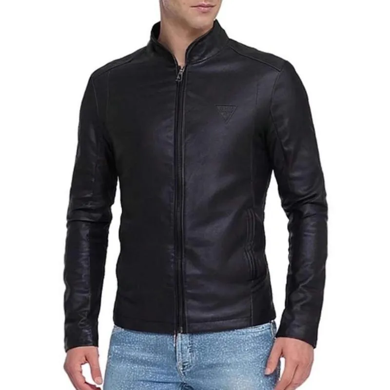 Men's Casual Solid Color Stand Collar Zipper Slim Leather Jacket 33279766M sold by Manly