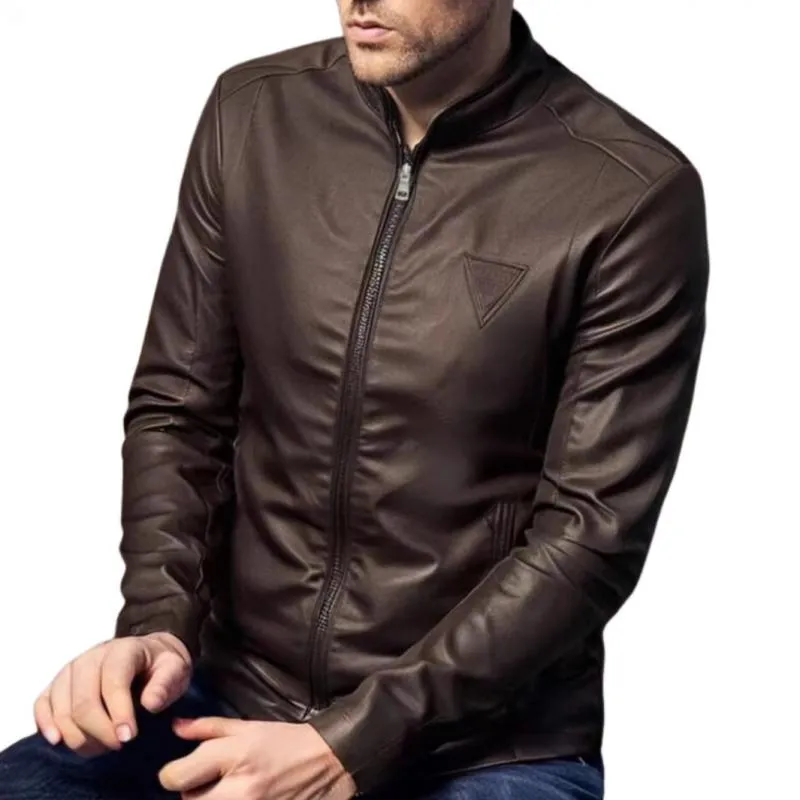 Men's Casual Solid Color Stand Collar Zipper Slim Leather Jacket 33279766M sold by Manly product image thumbnail 5