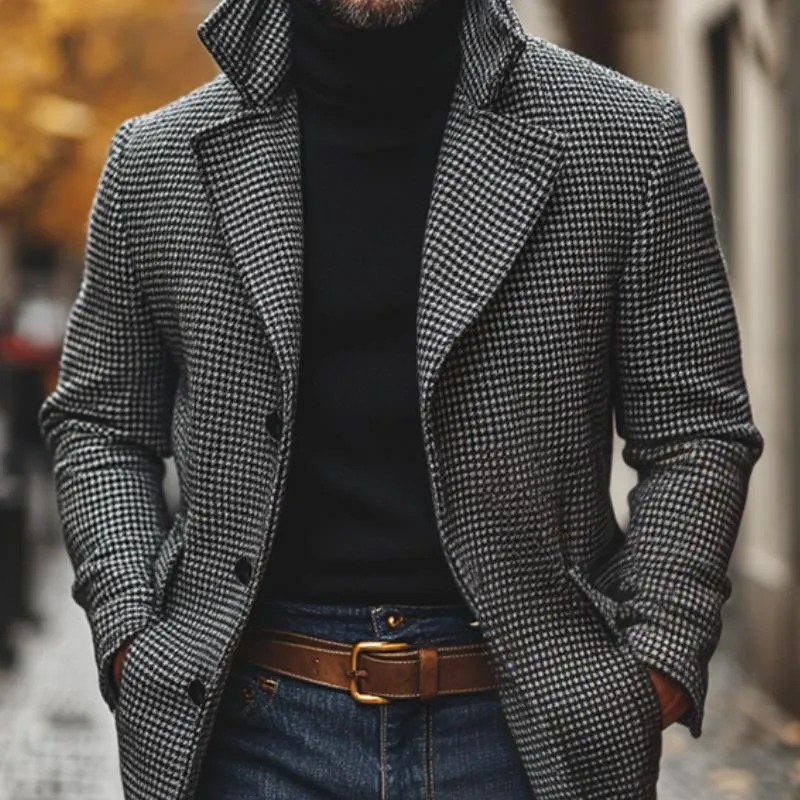Men's Classic Houndstooth Notch Lapel Single Breasted Mid-Length Coat 20897713M sold by Manly product image thumbnail 3