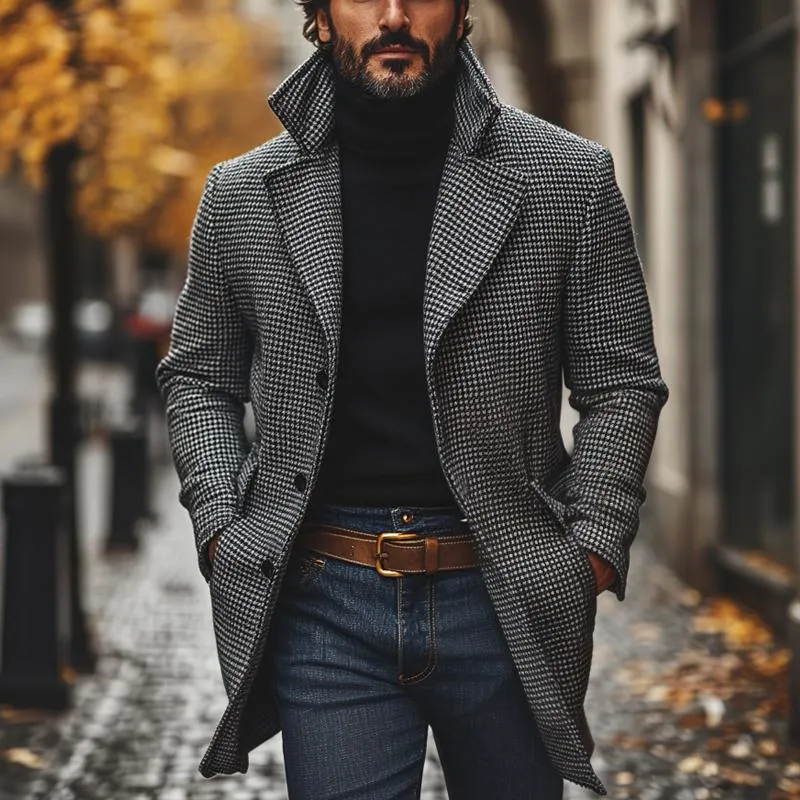Men's Classic Houndstooth Notch Lapel Single Breasted Mid-Length Coat 20897713M sold by Manly product image thumbnail 2