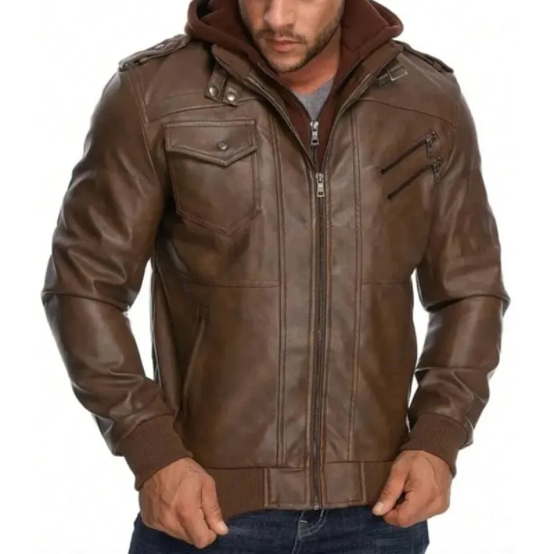 Men's Vintage Leather Hooded Double Zip Slim Fit Motorcycle Jacket 72254027M sold by Manly
