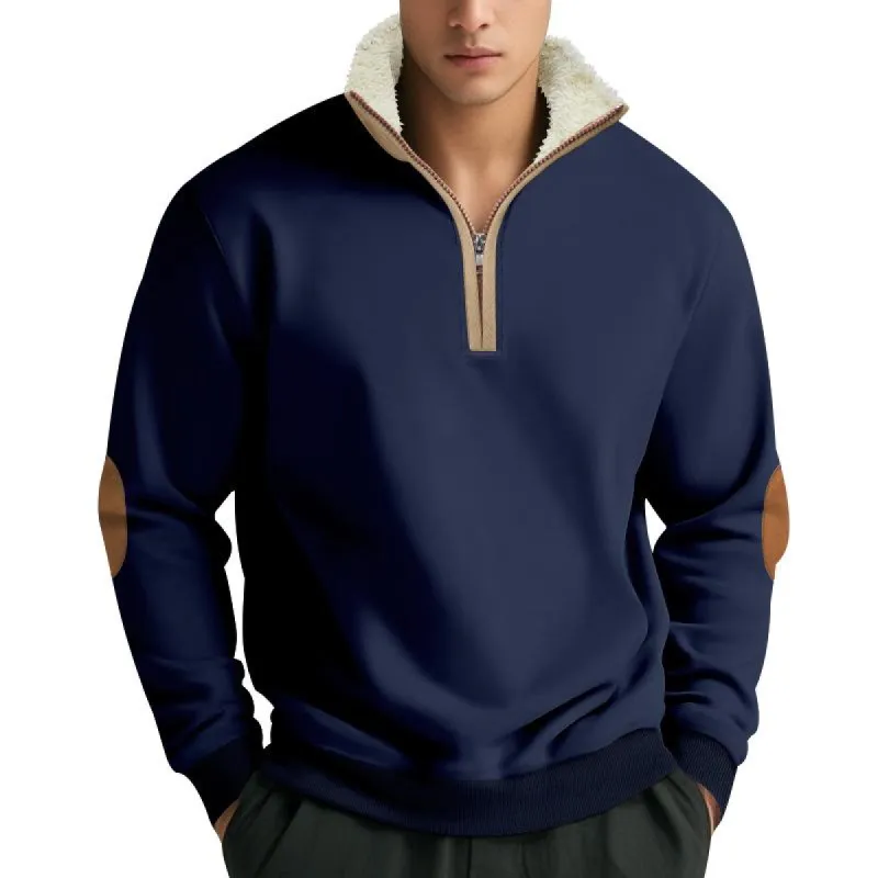 Men's Retro Colorblock Plush Fleece Lapel Stand Collar Long Sleeve Sweatshirt 04671853Z sold by Manly