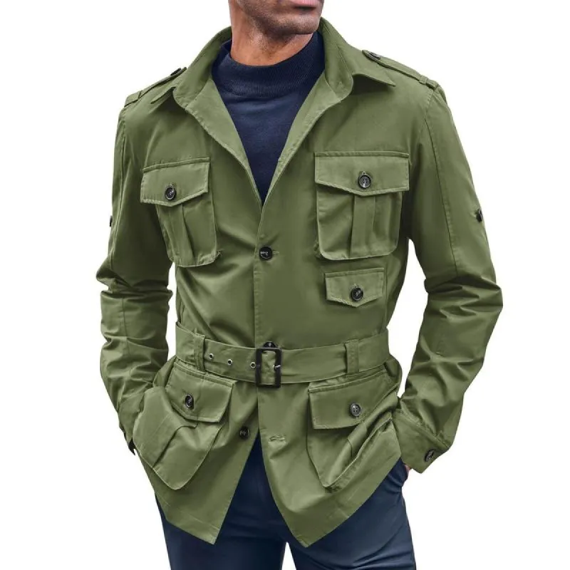 Men's Retro Solid Color Lapel Multi-pocket Single Breasted Belt Cargo Jacket 93102297Z sold by Manly
