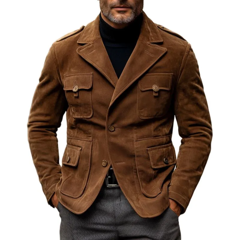 Men's Fashion Solid Color Suede Notch Lapel Multi-pocket Cargo Jacket 43230228Z sold by Manly