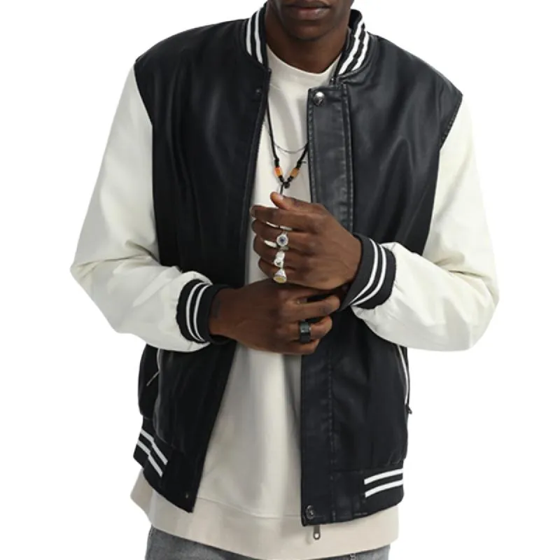 Men's Classic Casual Colorblock Zipper Stand Collar PU Leather Jacket 34793826K sold by Manly