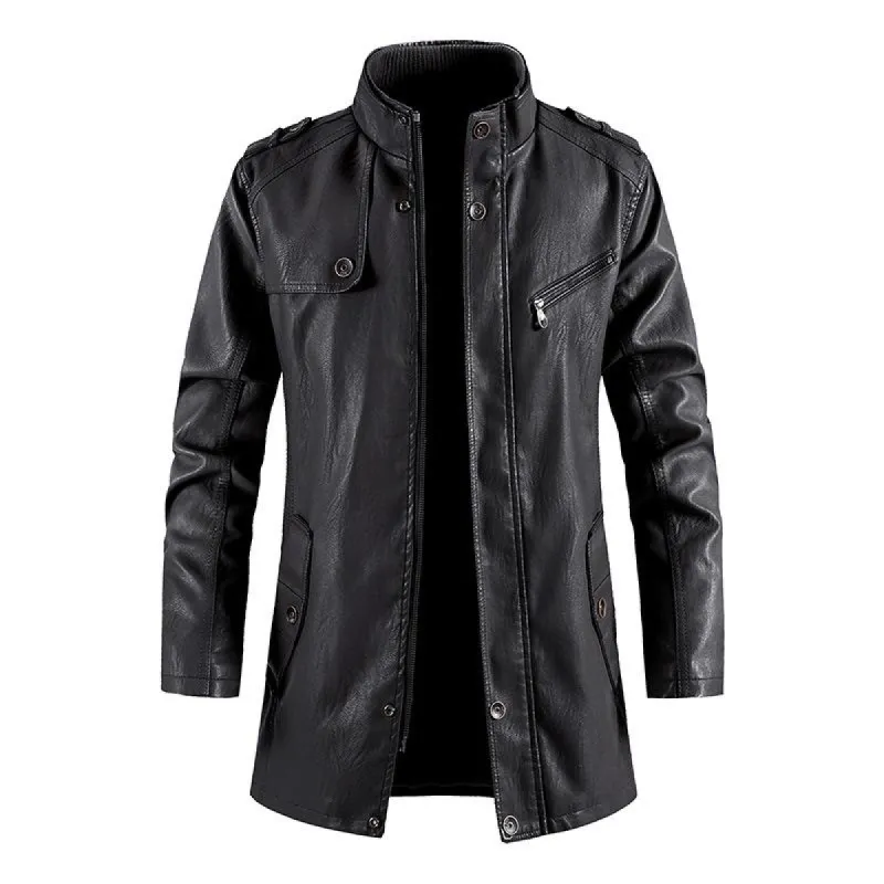 Men's Mid-length Stand Collar Leather Coat 31234724U sold by Manly