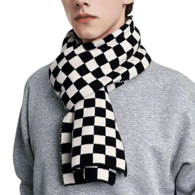 Men's All-match Black and White Plaid Knitted Warm Scarf 43686443F sold by Manly
