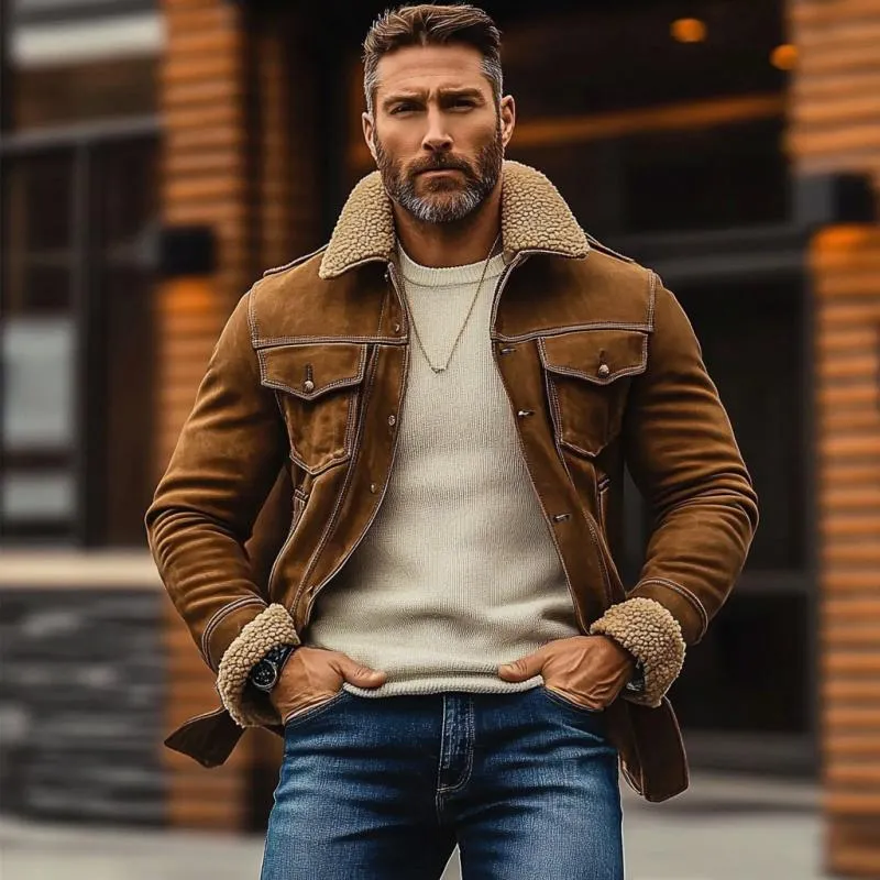 Men's Vintage Suede Lambswool Patchwork Slim Fit Multi-Pocket Jacket 15184060M sold by Manly product image thumbnail 3