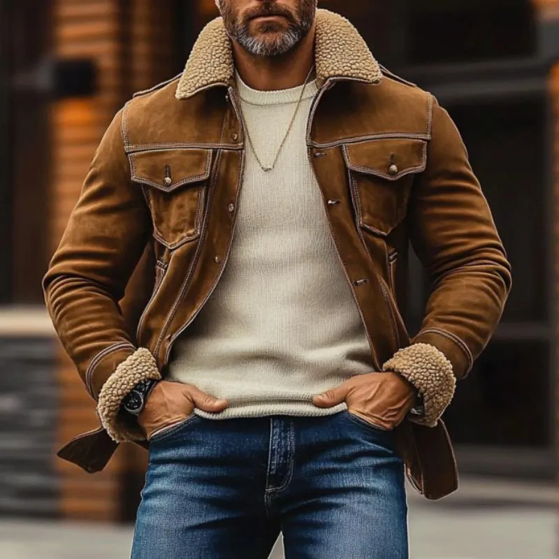 Men's Vintage Suede Lambswool Patchwork Slim Fit Multi-Pocket Jacket 15184060M sold by Manly product image thumbnail 2