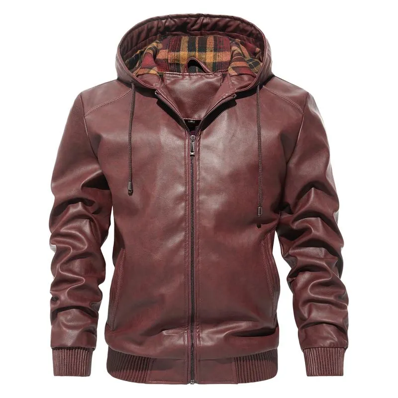 Men's Casual All-match Hooded Leather Jacket 49777250F sold by Manly