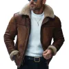 Men's Vintage Leather Lambswool Patchwork Warm Lapel Zipper Coat 01455009M sold by Manly